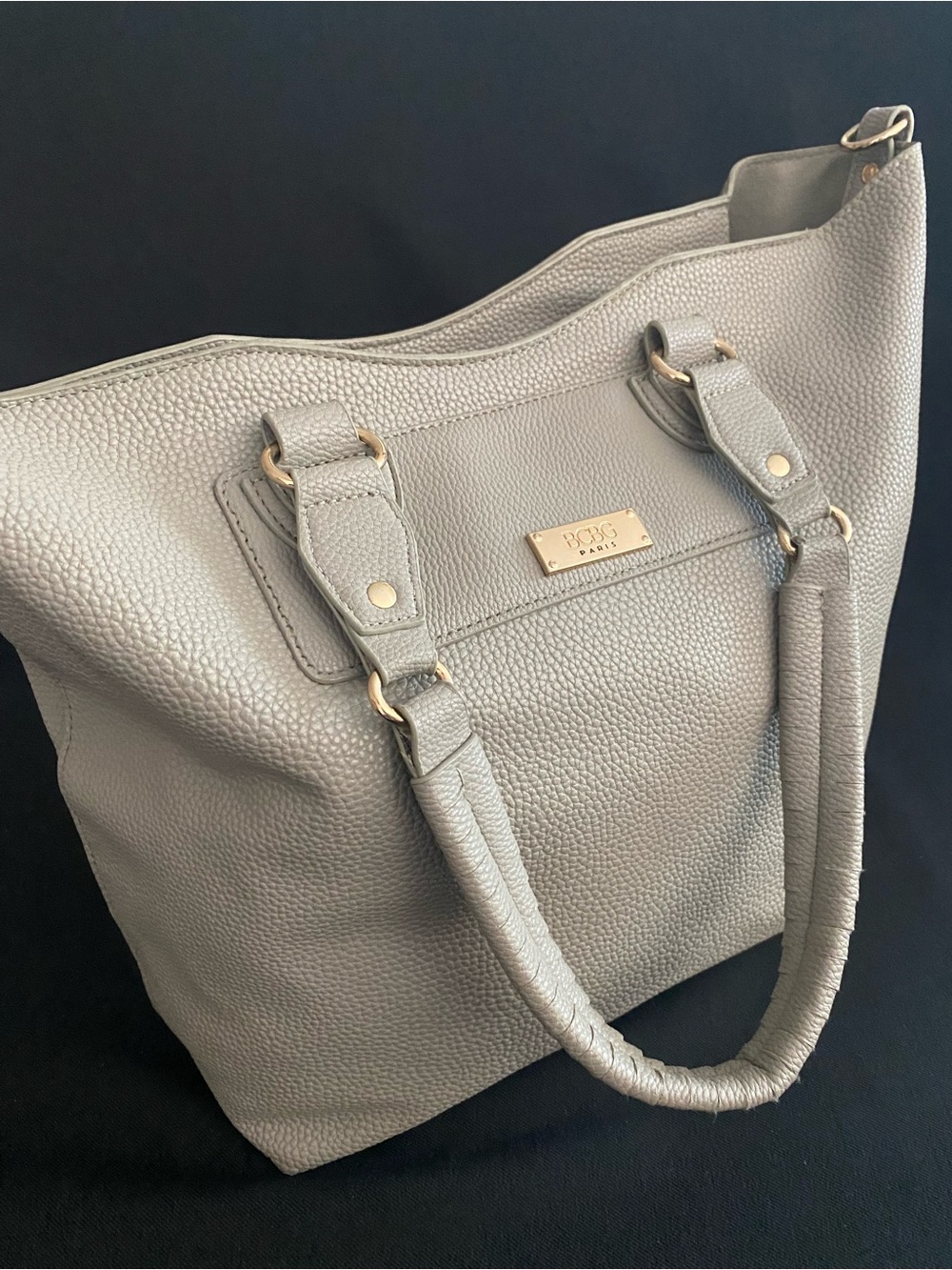 BCBG Paris Pebbled Light Gray Tote with Gold Plaque